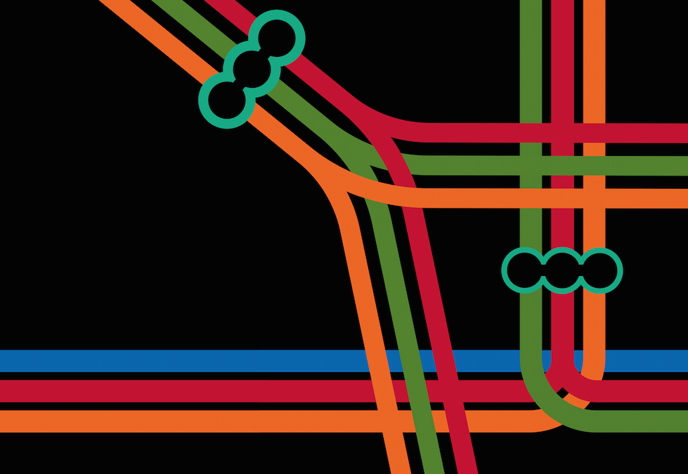 grafische Nahaufnahme der Linien der Buchstaben, farbig auf schwarzem Hintergrund