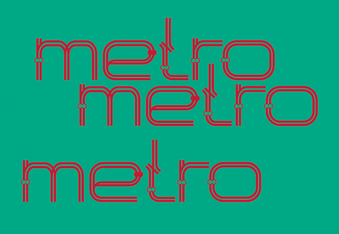 dreimal ausgeschrieben Metro in Schriftart Metro, rot auf türkisem Hintergrund