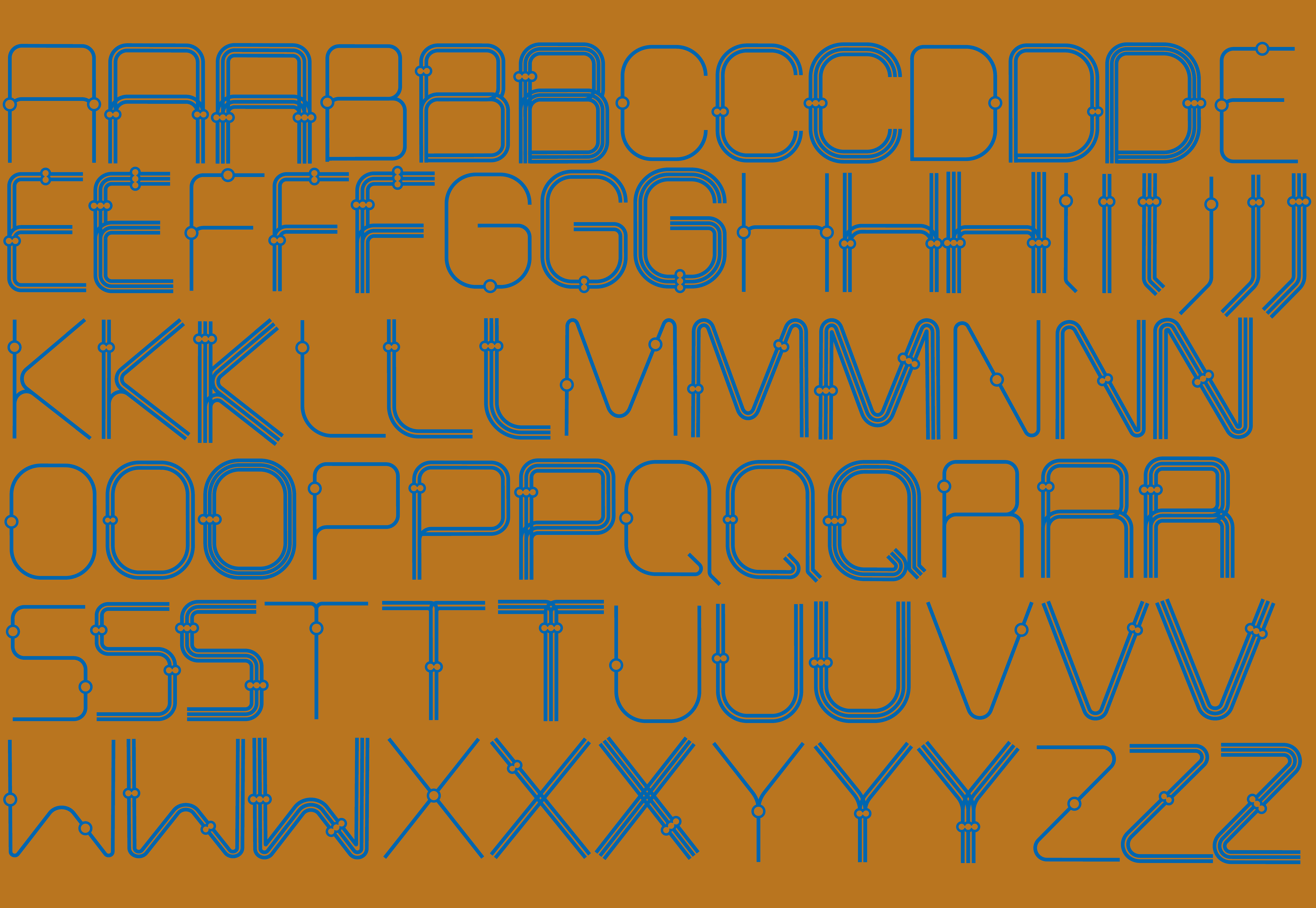 Auflistung der Schriftschnitte Light, Regular und Bold anhand aller Großbuchstaben in blau auf beigem Hintergrund