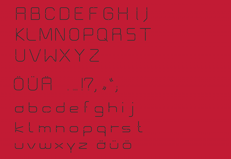 Auflistung aller Groß- und Kleinbuchtaben im Schriftschnitt Light in schwarz auf rotem Hintergrund